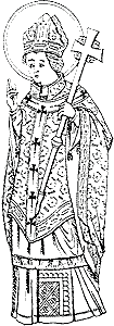 St. Deiniol, presumed founder of Bangor monastery, as portrayed in the east window, north nave, of St. Teyrnog's Church, Vale of Clwyd.